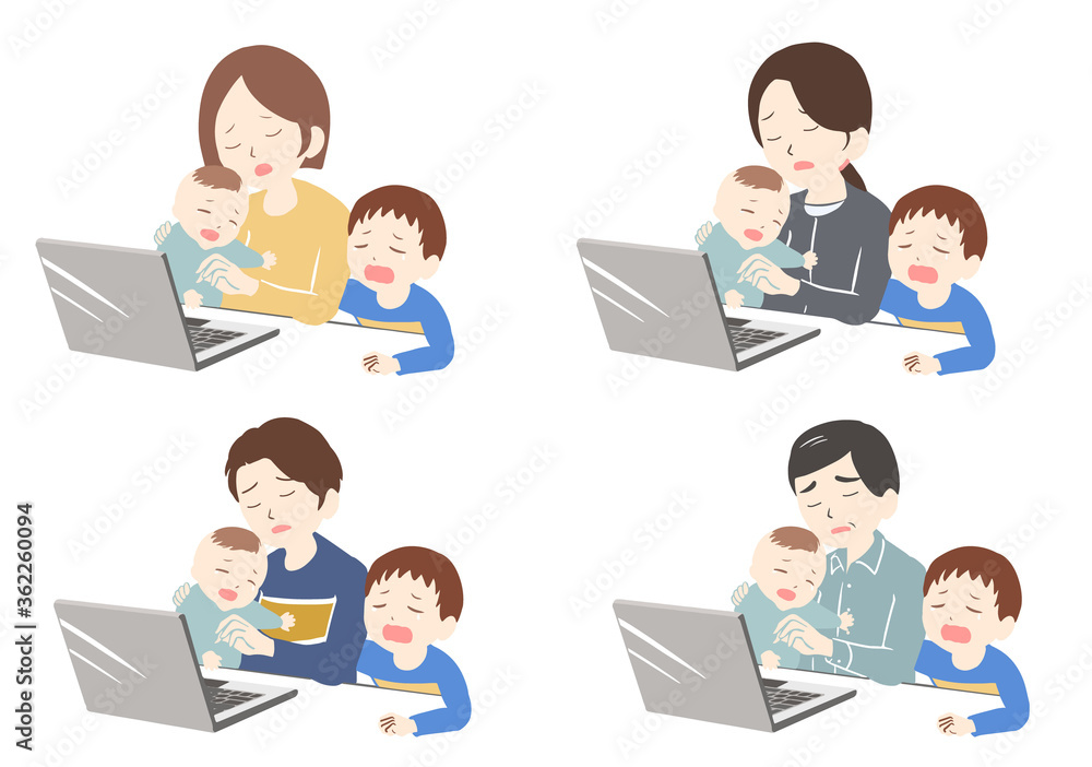 2人の子供に泣かれて疲れながらテレワーク(線無し) 2人の子供に泣かれて疲れながらテレワーク(線無し)