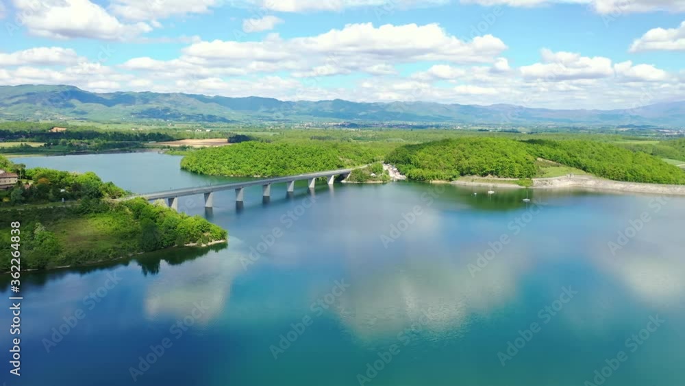 Aerial view of bridge over Lake Bilancino, artificial lake in Florence Aerial view of bridge over Lake Bilancino, artificial lake in Florence