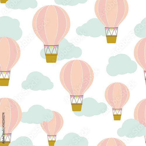 Pink pastel hot air ballon flat illustration with sky blue clouds background.