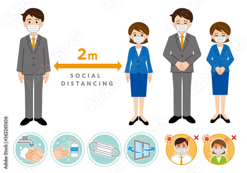 コロナウイルス対策人物イラストアイコンセット/白背景