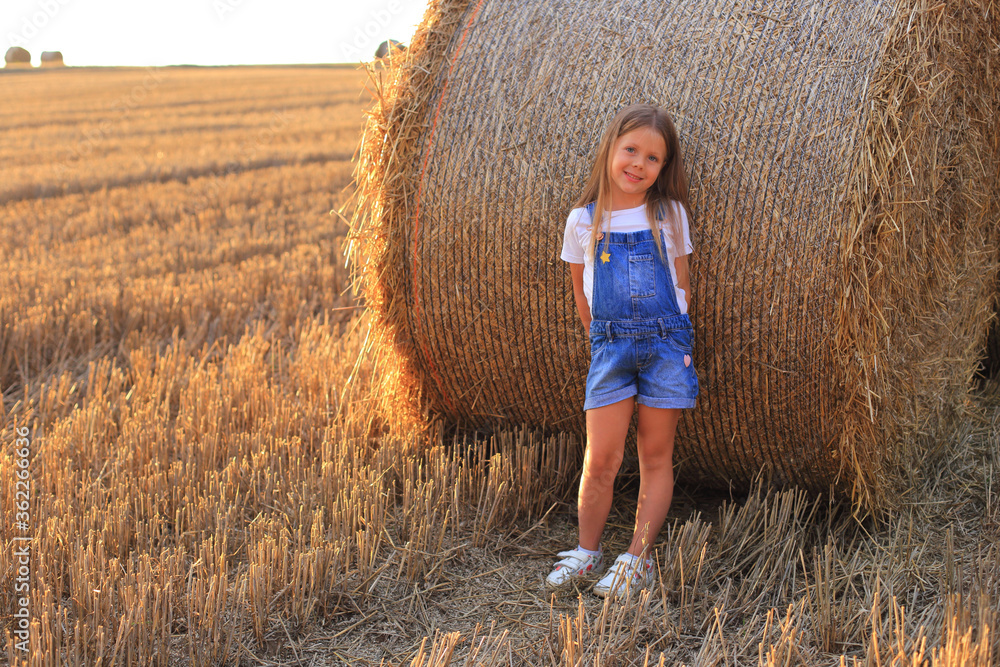 Beautiful little girl stands near a haystack in a summer field Beautiful little girl stands near a haystack in a summer field