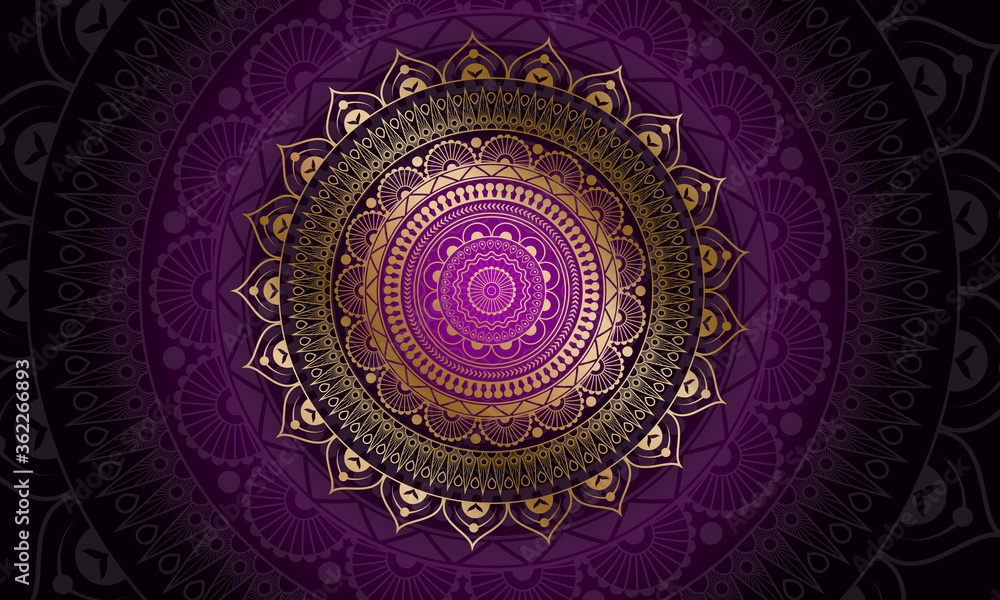 Obraz premium Luxury geometric gold gradient dark purple mandala background. Design for any card, birthday, other holiday, kaleidoscope, yoga, india, folk, arabic. Indian pattern wallpaper.