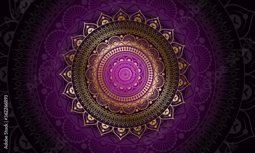 Luxury geometric gold gradient dark purple mandala background. Design for any card, birthday, other holiday, kaleidoscope, yoga, india, folk, arabic. Indian pattern wallpaper.