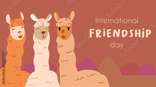 Cute 3 friend llamas smiling and laughing for International day of friendship or world day of friendship celebration. Vector illustration cartoon