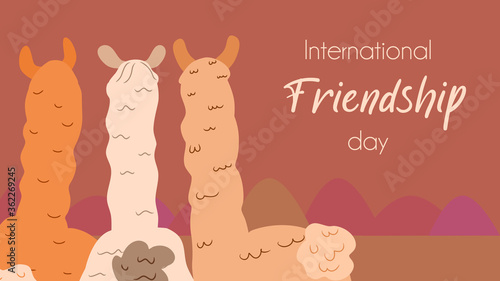 Cute 3 friend llamas from the back for International day of friendship or World day of friendship celebration. Vector illustration cartoon