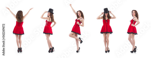 Young female model posing in red mini dress