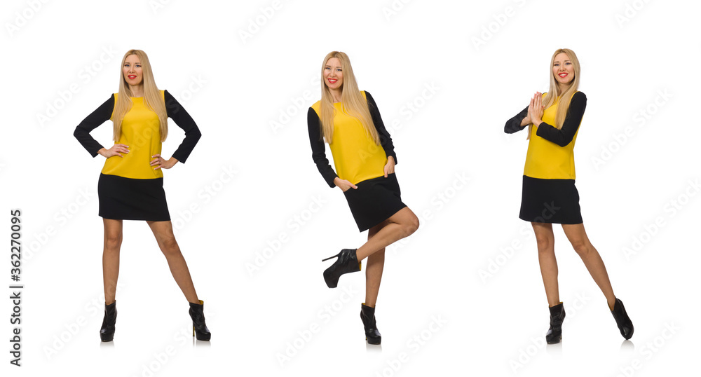 Obraz premium Blond hair girl in yellow and black clothing isolated on white