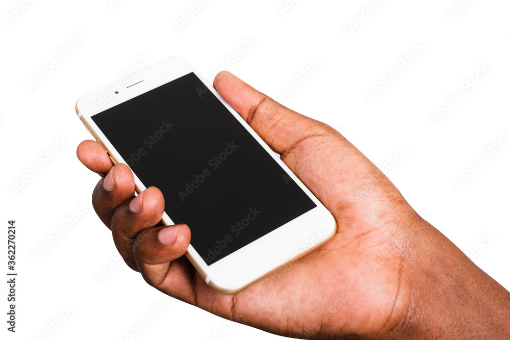 Closeup hand black man holding mockup white modern digital mobile smart phone blank screen on hand, studio shot isolated on white background Closeup hand black man holding mockup white modern digital mobile smart phone blank screen on hand, studio shot isolated on white background