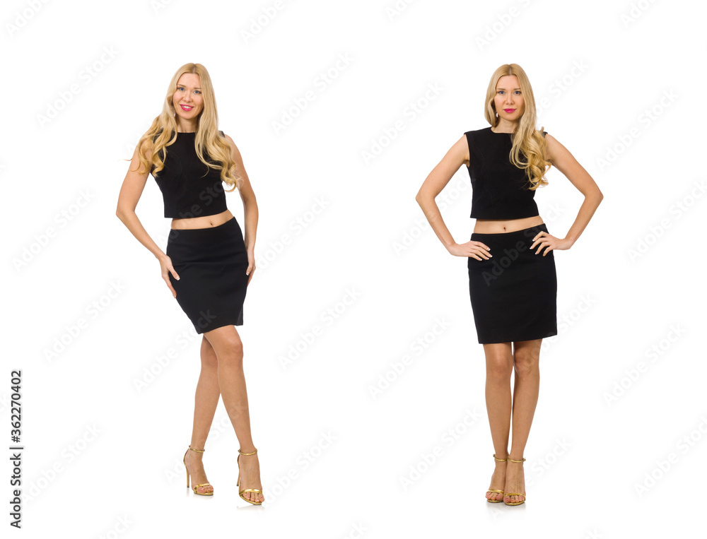 Pretty girl in black mini dress isolated on white Pretty girl in black mini dress isolated on white
