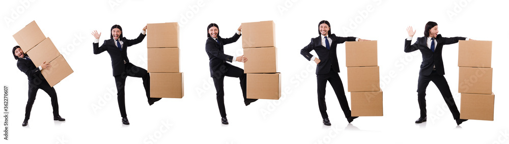 Funny man with boxes on white Funny man with boxes on white