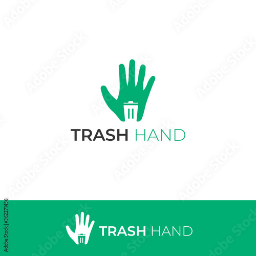 Vector illustration of hand with negative space of trash or bin. Make with combination from hand or glove and trash icon