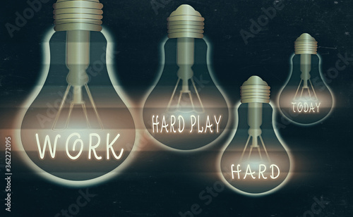 Handwriting text Work Hard Play Hard. Conceptual photo diligent in any activity Party at weekends Hardworking Realistic colored vintage light bulbs, idea sign solution thinking concept photo