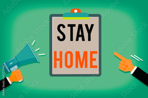 Word writing text Stay Home. Business photo showcasing not go out for an activity and stay inside the house or home Two Hu analysis Hands Holding Megaphone another Pointing to a Blank Clipboard photo