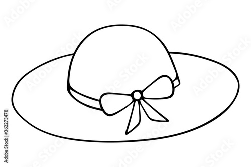The hat is female. Sketch. Straw hat with bow. Vector illustration. Outline on an isolated white background. Sun protection. Beachfront napper. Doodle style. Vacation mood. Idea for web design. 