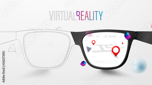 Smart Glasses with Map and Red Pinpoint on Screen. VR virtual reality and AR augmented reality technology. Vector Illustration