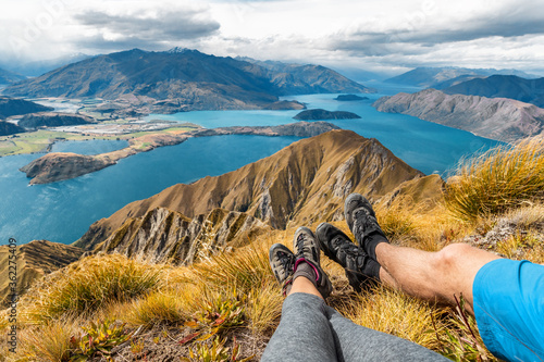Εκτύπωση καμβά Wanderlust adventure and hiking travel vacation concept with hikers hiking boots close up