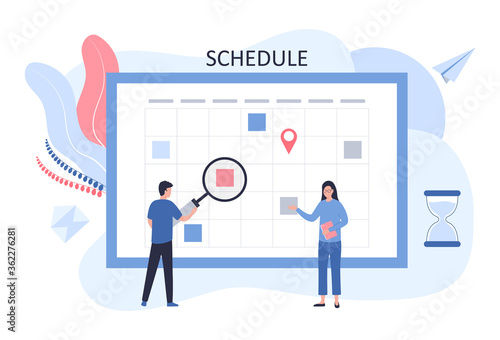 Schedule concept. The business team plans the work of the company. A man stands with a magnifier near the dashboard, a woman with a tablet. Flat vector illustration for web sites, infographics