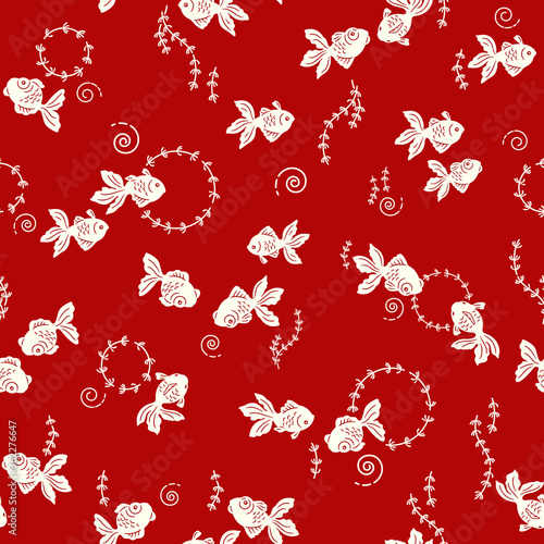 Seamless pattern of a Japanese style goldfish,