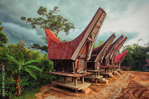 Tongkonan traditional rice barns in village. Tana Toraja, Sulawesi. Indonesia  photo