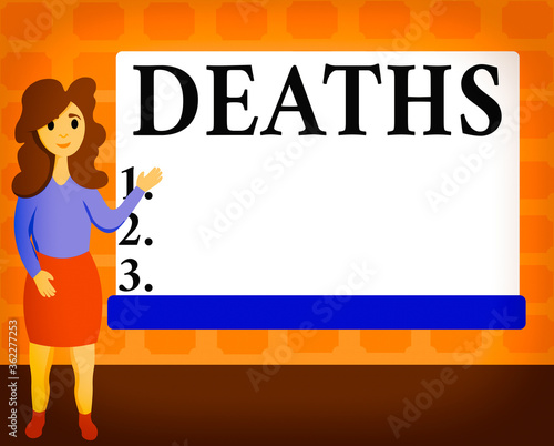 Text sign showing Deaths. Business photo showcasing permanent cessation of all vital signs, instance of dying individual Female Hu analysis Standing Hand Presenting Rectangular Blank Whiteboard photo