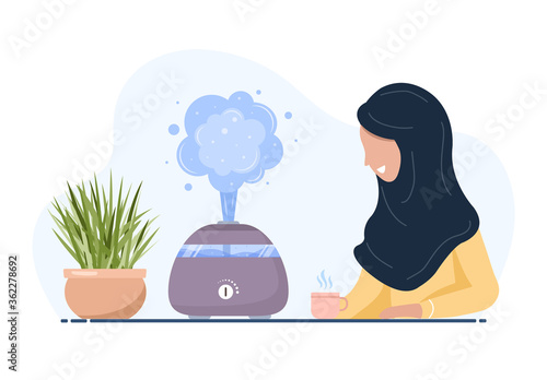 Ultrasonic air humidifier with house plants. Arab woman enjoys the fresh moist air at home. Home appliances for a healthy lifestyle. Modern vector illustration in flat cartoon style.
