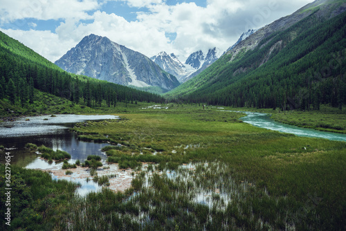 Atmospheric view to great beautiful snowy mountains, alpine lake and mountain river in valley under cloudy sky. Dramatic landscape with big mountain peak with glacier in overcast day. Grass in water.