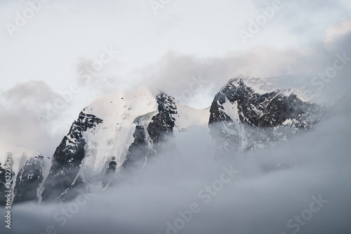 Scenic alpine landscape with snowy mountains inside low clouds. Beautiful glacier in dense fog. Soft morning light through clouds. Ghostly atmospheric scenery with rocks in cloudy sky in pastel tones.