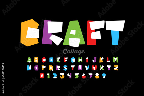 Paper collage style font design, alphabet letters and numbers