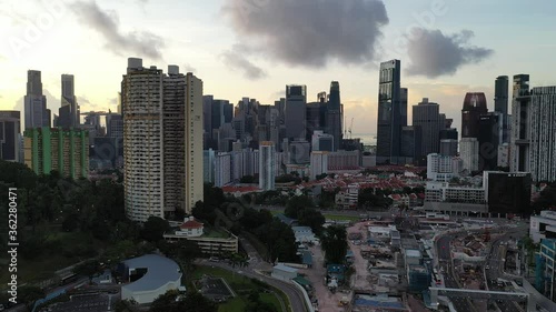 Singapore May 2019 4k aerial video of Outram Road looking to Chinatown skyline during sunset photo