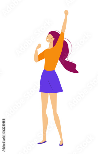 Happy girl in a successful pose. She raised her hand, a gesture of victory. Vector illustration in flat style. Isolated on a white background. © Екатерина Бондарук
