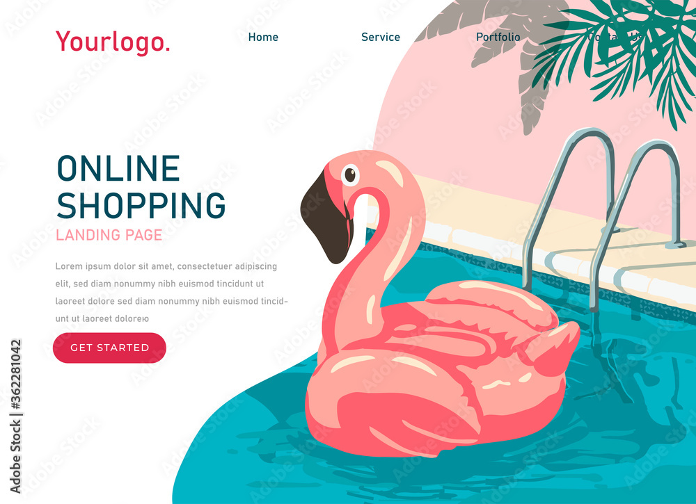 Fototapeta premium rubber ring flamingo selling app for phone or website, elbow greetingCute Inflatable Pink Flamingo, Rubber Ring In The Swimming Pool. Toys For Active Spend Time And Summer Vacations In The Pool. web