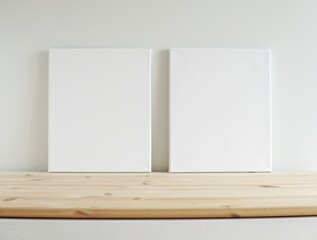 Two vertical canvas frames mockup, set of two mockups, minimal interior, blank frames for artwork, photo, painting.