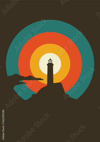 Old Lighthouse, Cliff, Vintage Color Illustration, Beacon Silhouette 