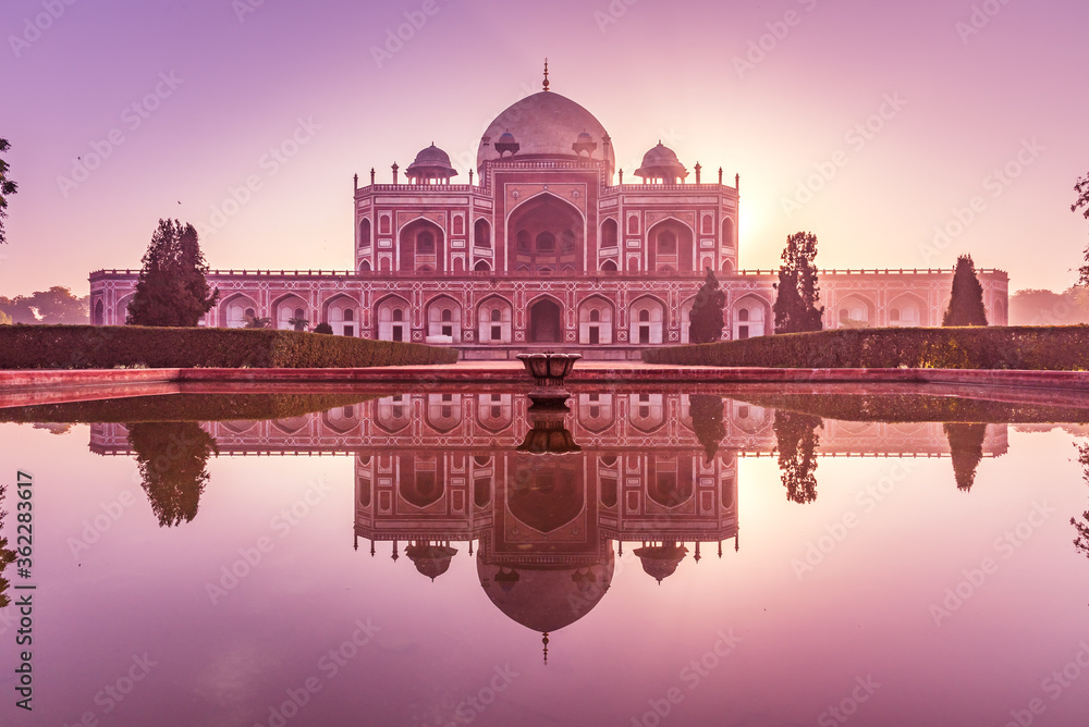 Humayun's tomb of Mughal Emperor Humayun designed by Persian architect Mirak Mirza Ghiyas in New Delhi, India. Tomb was commissioned by Humayun's wife Empress Bega Begum in 1569-70.