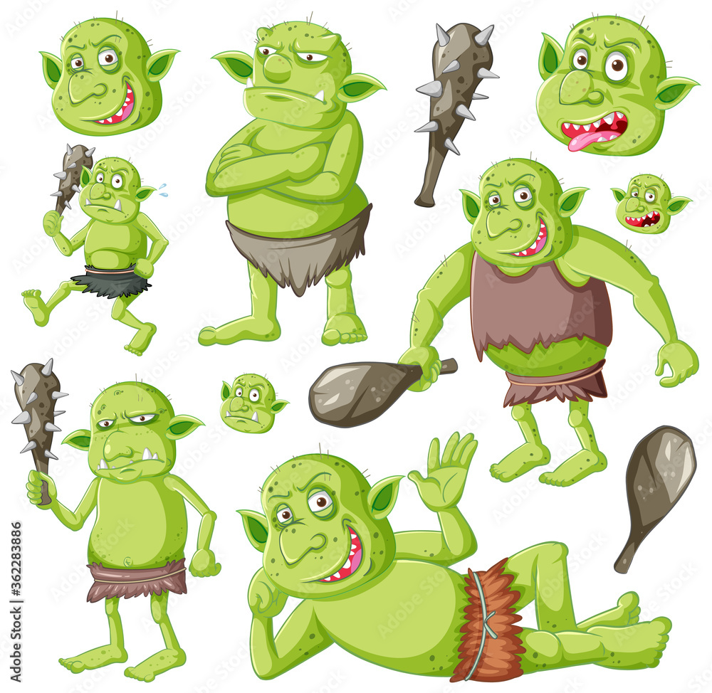 Obraz premium Set of goblin or troll with hunting tool isolated on whie background