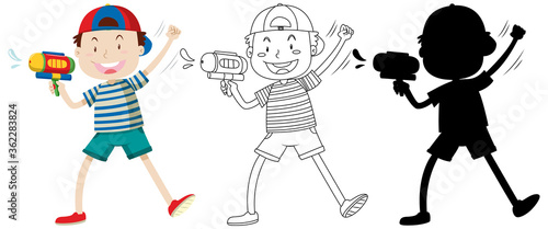 Boy with watering gun in color and outline and silhouette