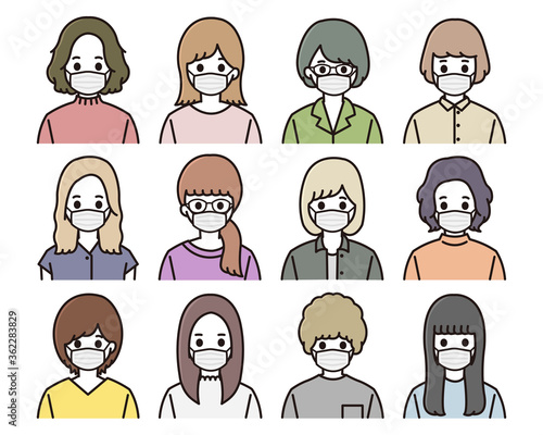 マスクをしたアイコンセット 女性