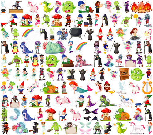 Set of fantasy cartoon characters and fantasy theme isolated on white background