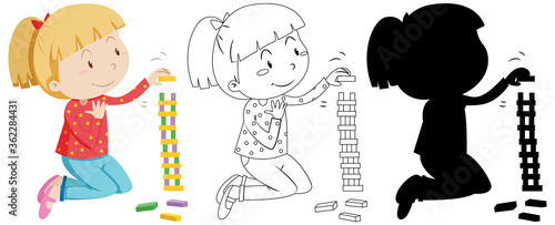 Girl playing jenga in colour and outline and silhouette