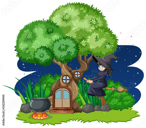 Witch riding broomstick beside tree house cartoon style on white background