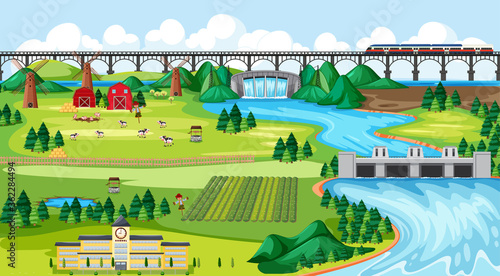 Farm field town and school and bridge sky train with dam side landscape scene cartoon style