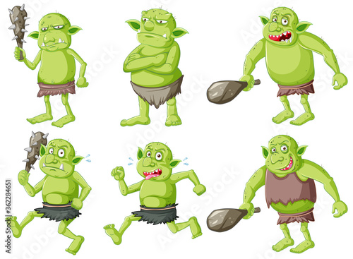 Set of goblin or troll with hunting tool isolated on whie background