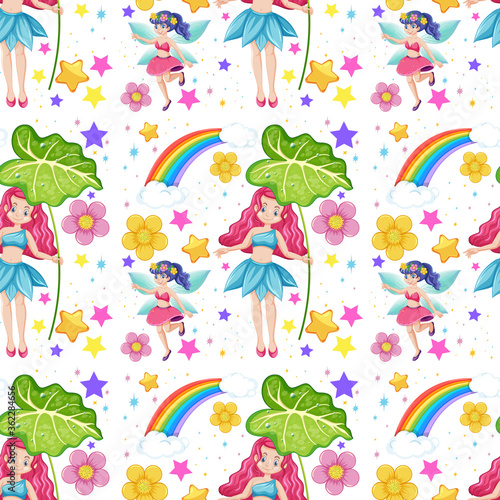 Seamless fairy tales with rainbow and flowers cartoon style on white background