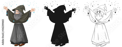 Old wizard with spell in color and outline and silhouette cartoon character isolated on white background