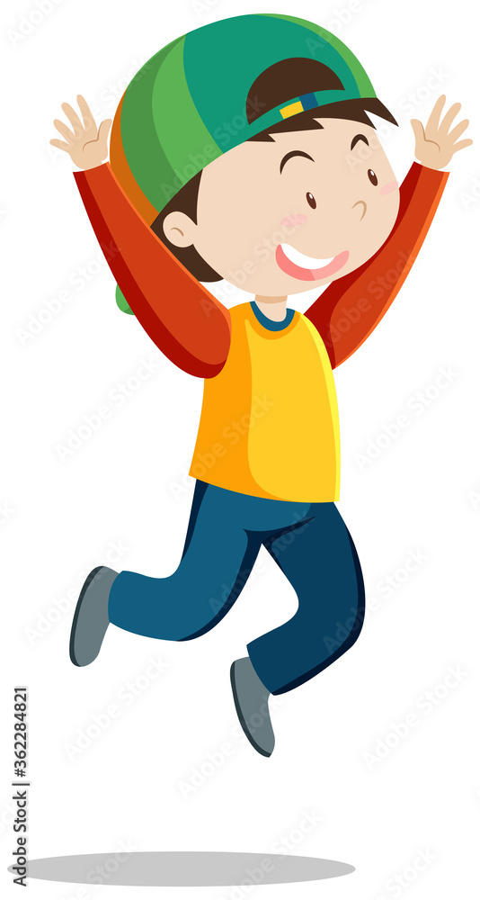 A happy boy wearing cap with jumping posing cartoon style isolated A happy boy wearing cap with jumping posing cartoon style isolated