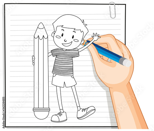 Hand writing of boy holding pencil outline