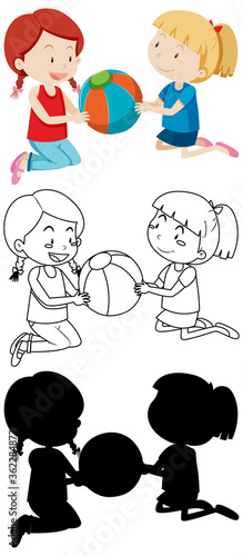 Two kids playing ball in color and in outline and silhouette