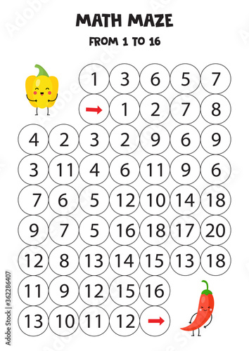Math maze for kids from 1 to 16. Cute kawaii peppers.
