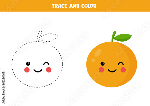 Trace and color cute kawaii orange. Educational worksheet.