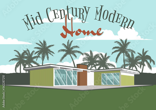Mid Century Modern Home 1950s Style Illustration, Retro House, Palms, Sunny Day Scene